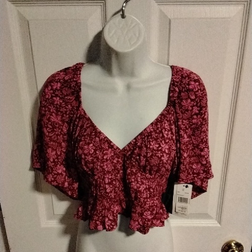 Rip Curl Beach Party Smocked Crop Top Peplum Burgundy Pink Floral NWT Size M - Picture 2 of 9